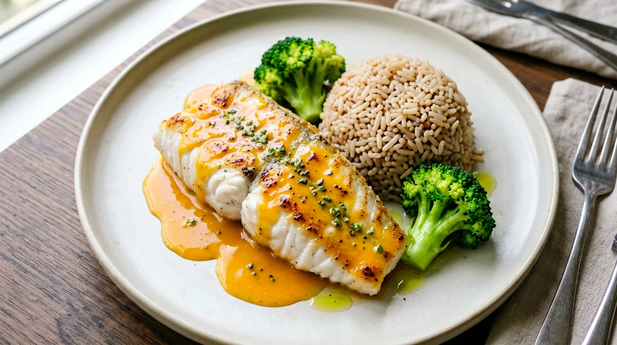 Orange cod with broccoli and brown rice