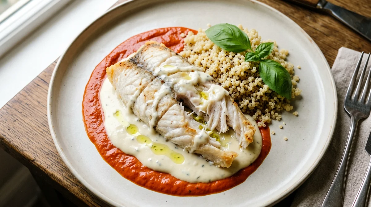 Merluzzo su crema di peperoni con quinoa