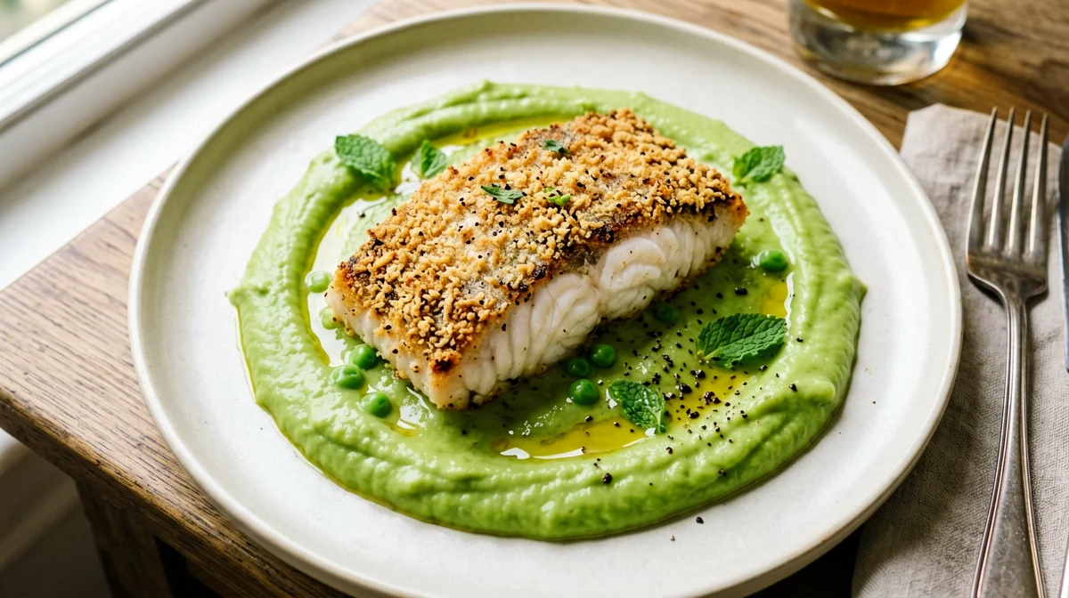 Oven-crumbed hake fillets with pea purée