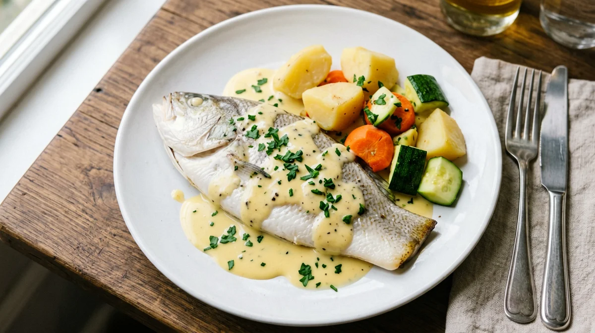 Steamed hake with vegetables and lemon dressing