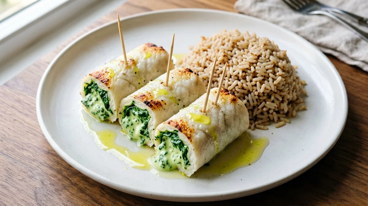 Involtini di sogliola agli spinaci con riso integrale