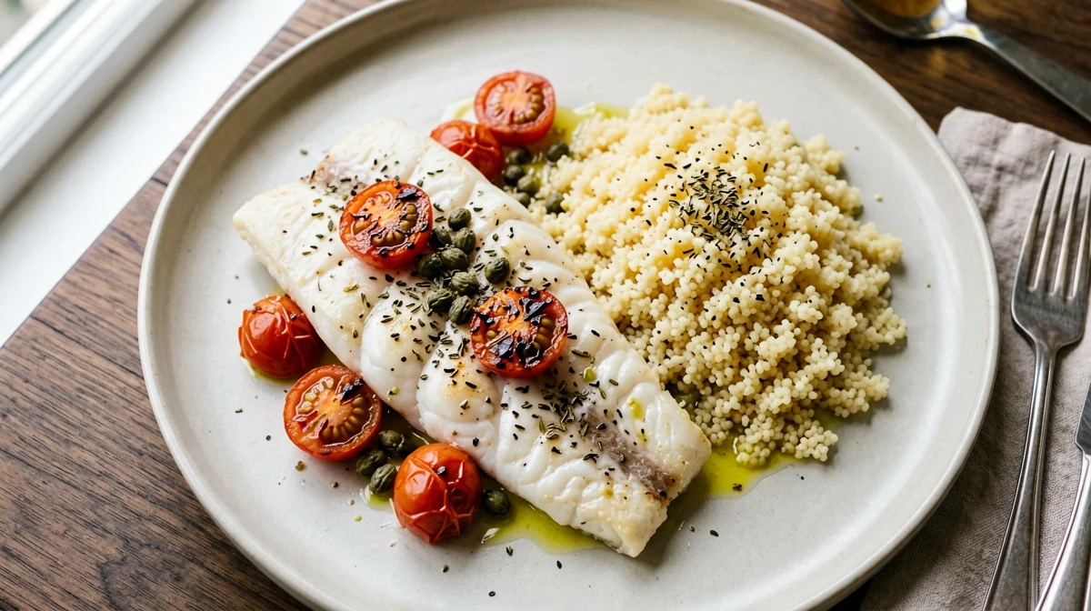 Baked plaice with cherry tomatoes, oregano and couscous