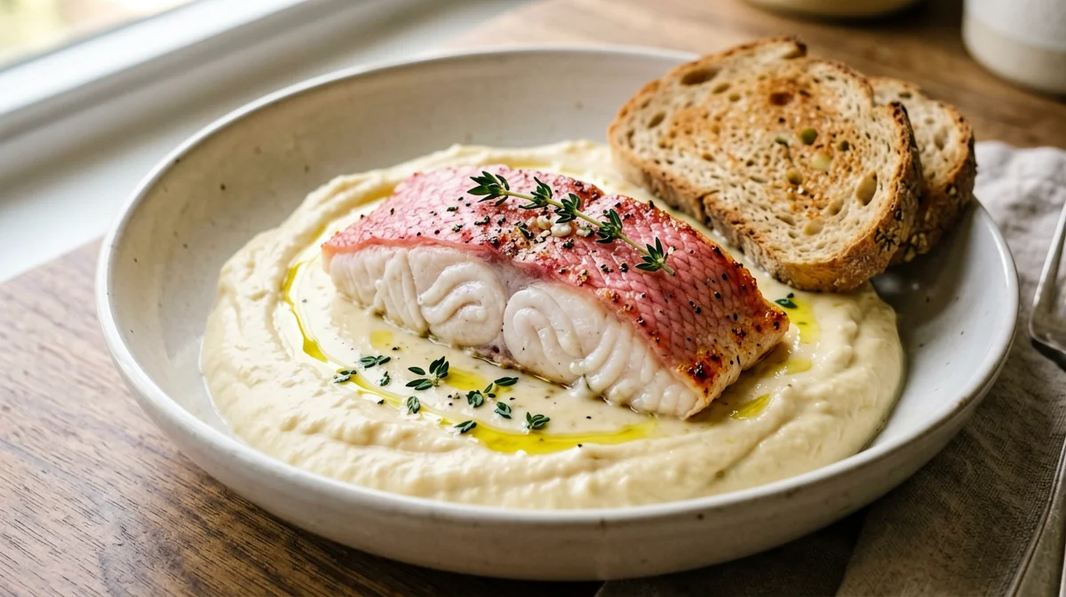 Red mullet fillets on cauliflower velouté with crisp bread