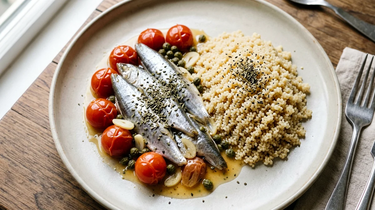 Alici in padella con pomodorini, capperi e bulgur