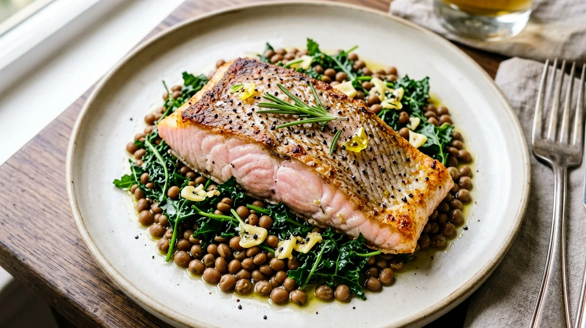 Trout fillets with lentils and cavolo nero