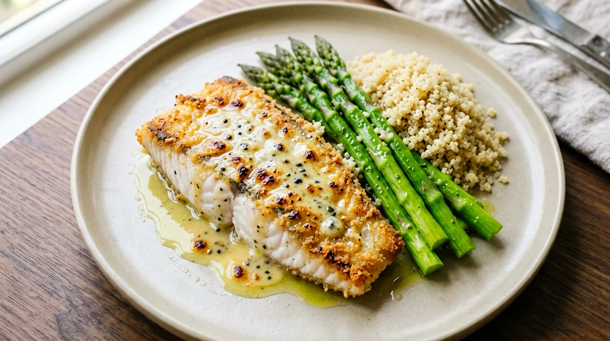 Halibut alla mugnaia con asparagi e quinoa