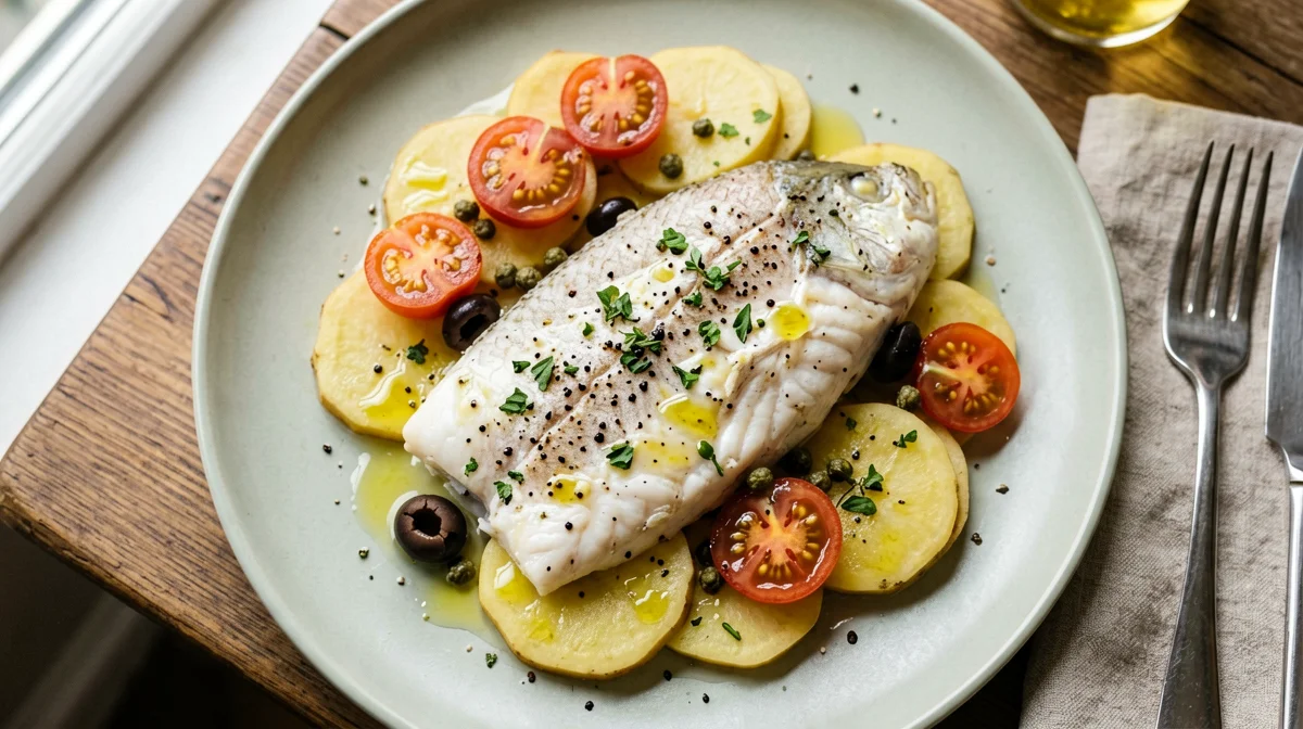 Tilapia en papillote with cherry tomatoes, olives and potatoes