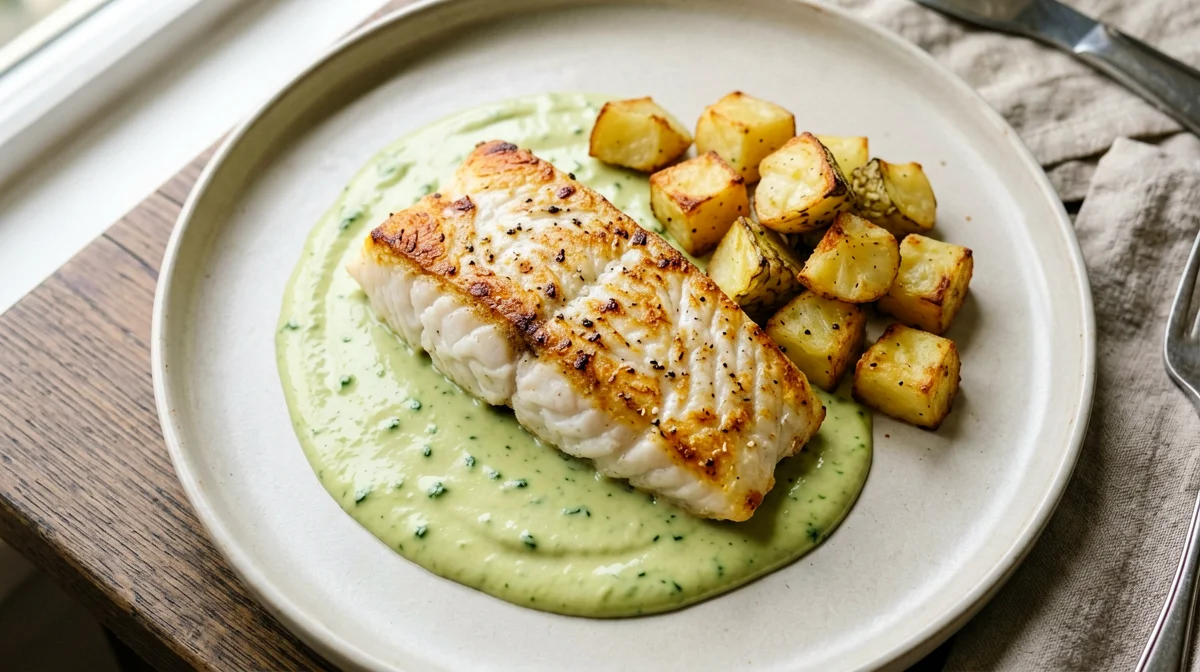 Pangasius on zucchini cream with roast potatoes