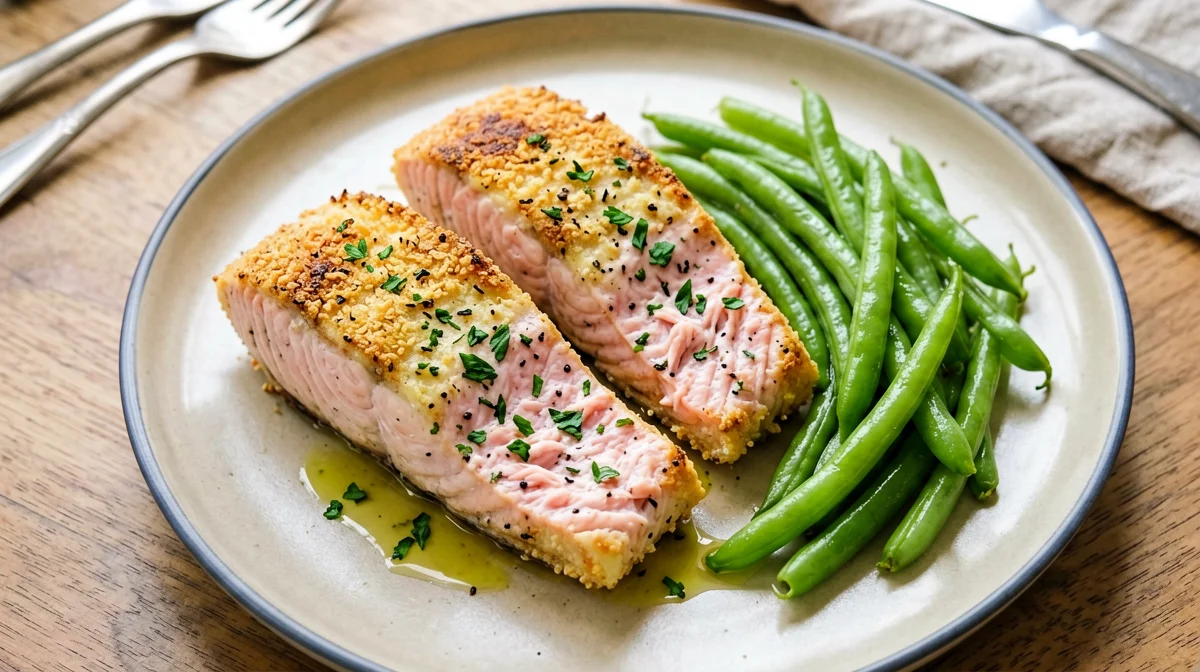 Polpettone di salmone e patate con fagiolini