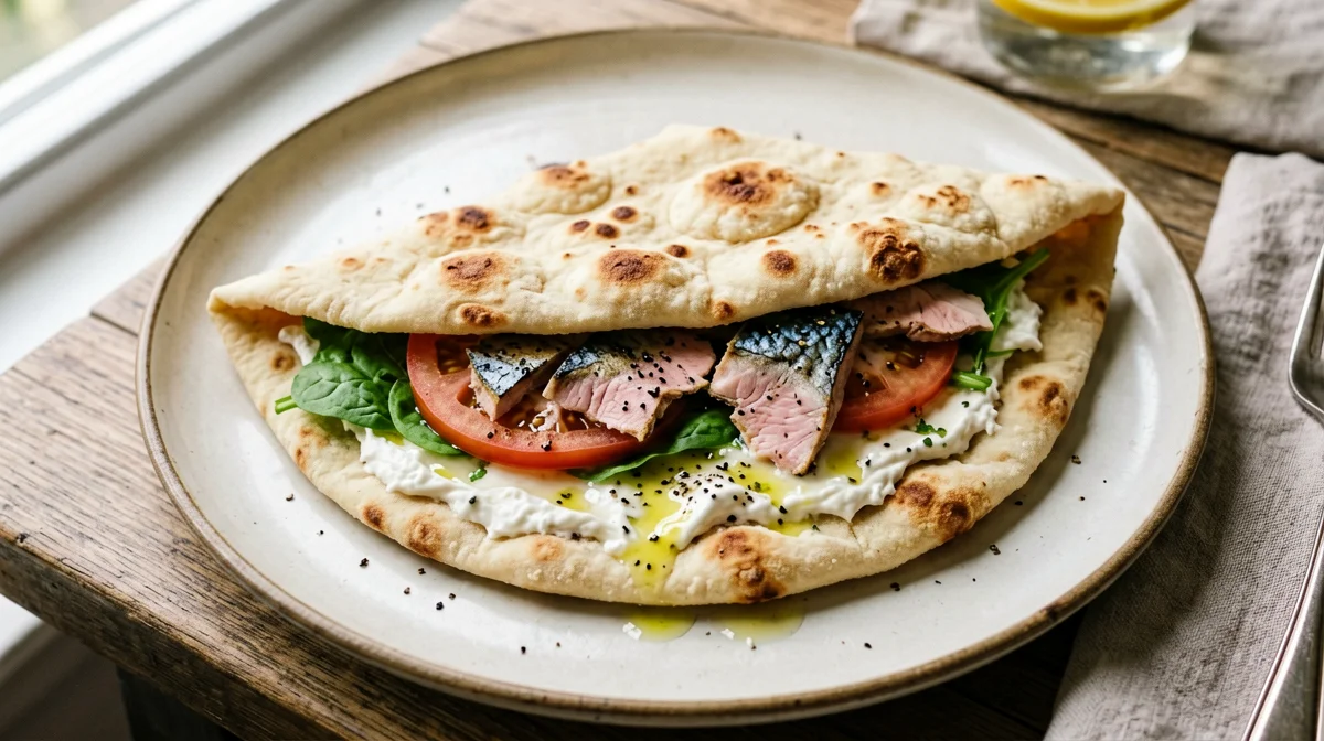 Piadina with mackerel, rocket and tomatoes