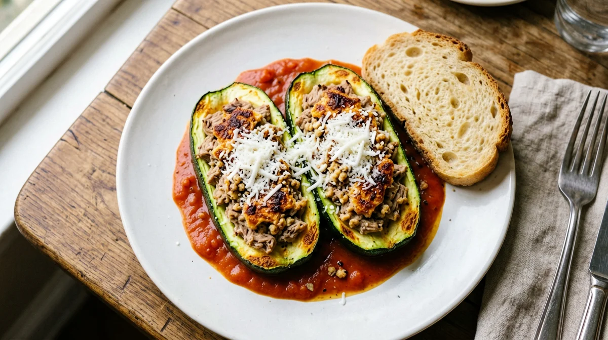 Baked tuna-stuffed zucchini with bread