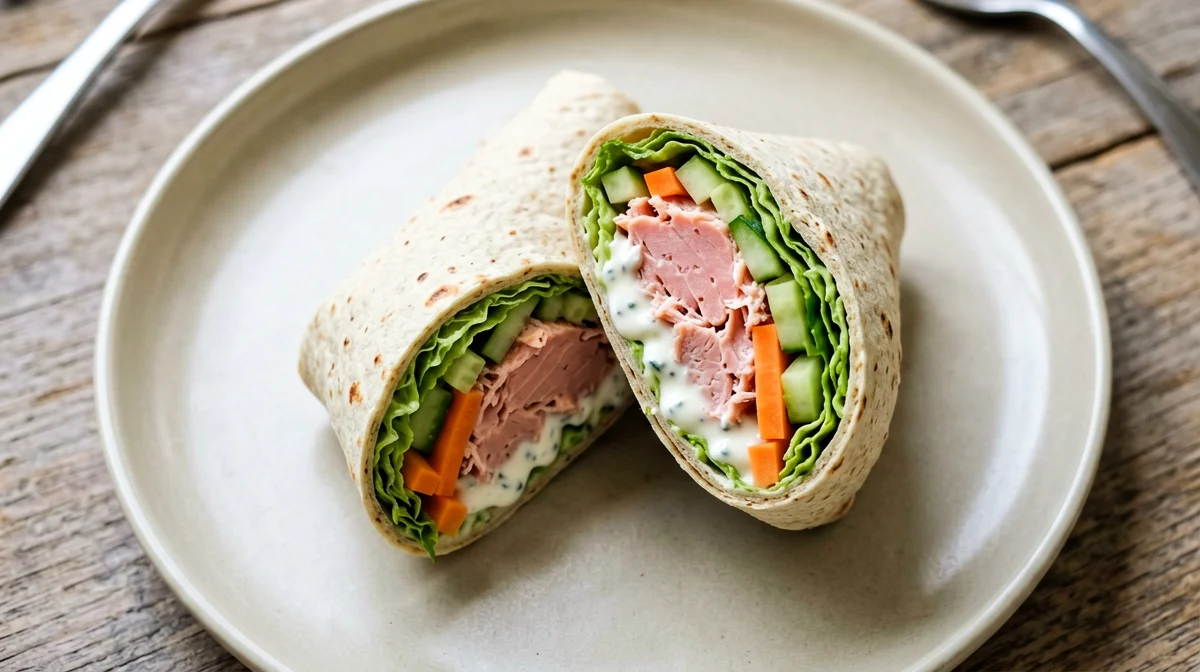 Wholemeal wrap with baked salmon, salad and yogurt