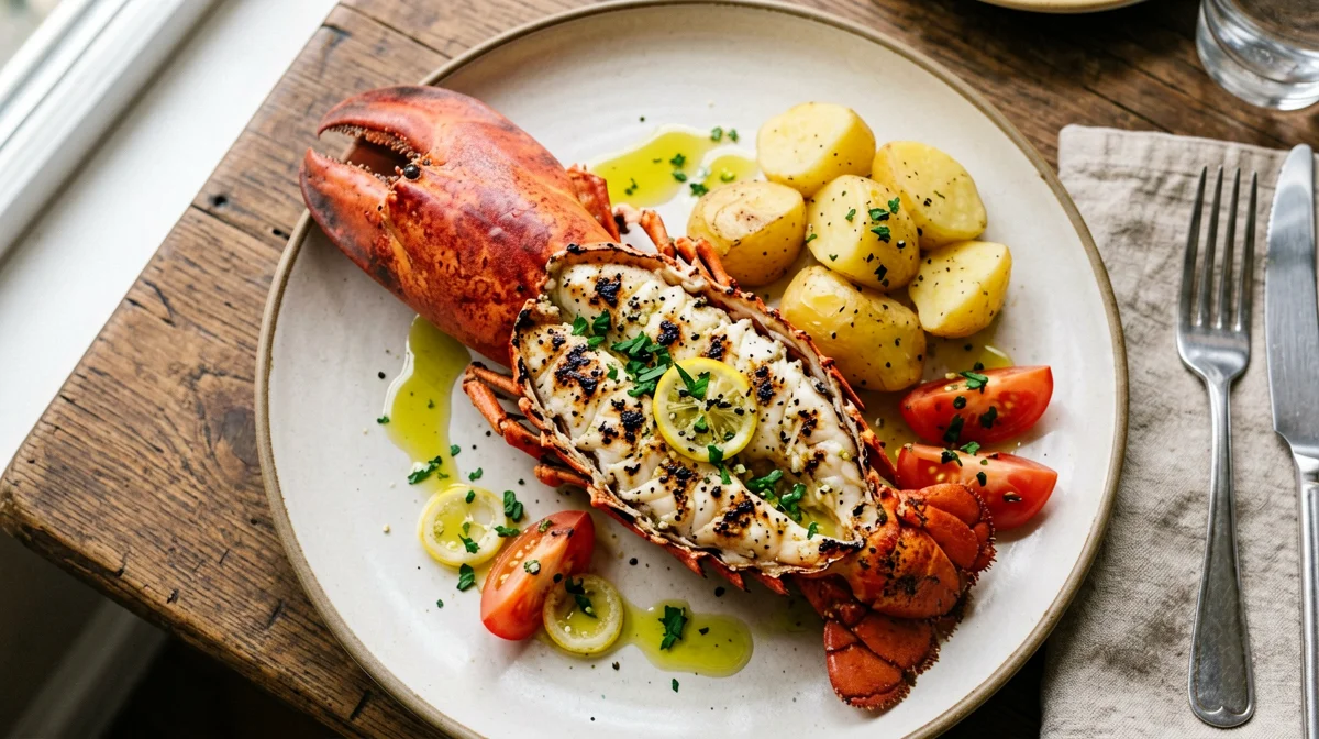 Grilled lobster with potatoes and tomato salad