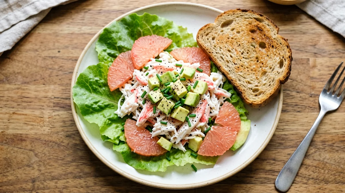 Insalata di granchio, avocado e pompelmo con crostini