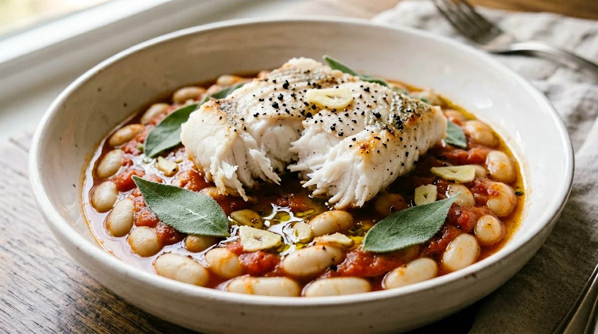Haddock with tomato and sage cannellini beans