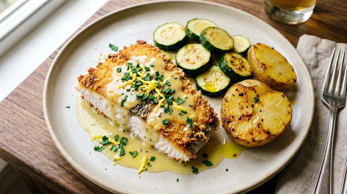 Filetti di persico al limone con zucchine e patate novelle