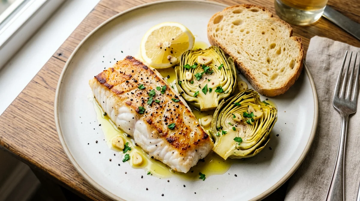 Pesce San Pietro con carciofi trifolati e pane
