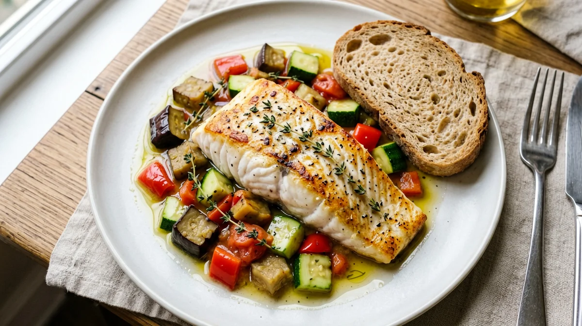 Halibut con ratatouille e pane integrale