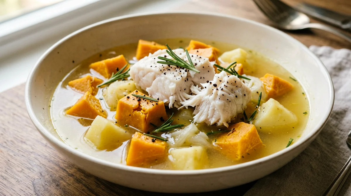 Alaska pollock stew with pumpkin, potatoes and rosemary
