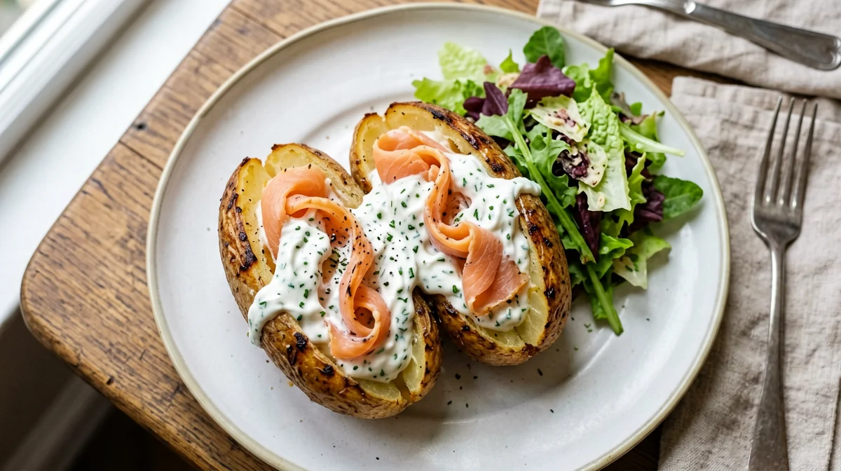 Baked potatoes stuffed with smoked salmon and chive yogurt