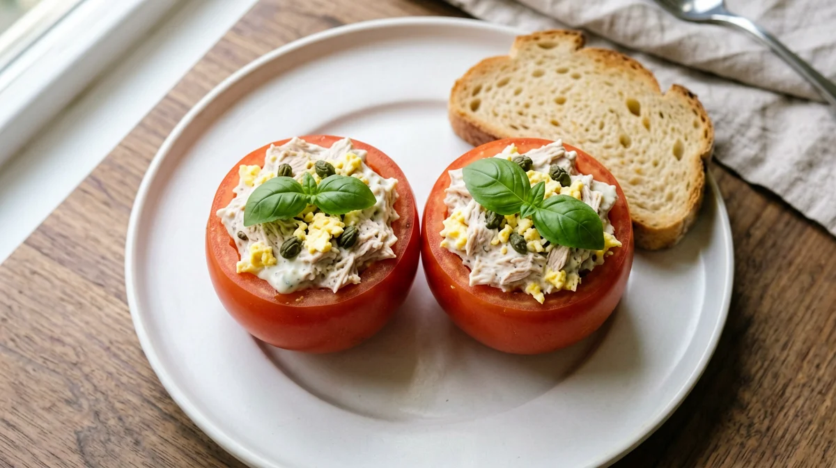 Tomatoes stuffed with tuna and capers with bread