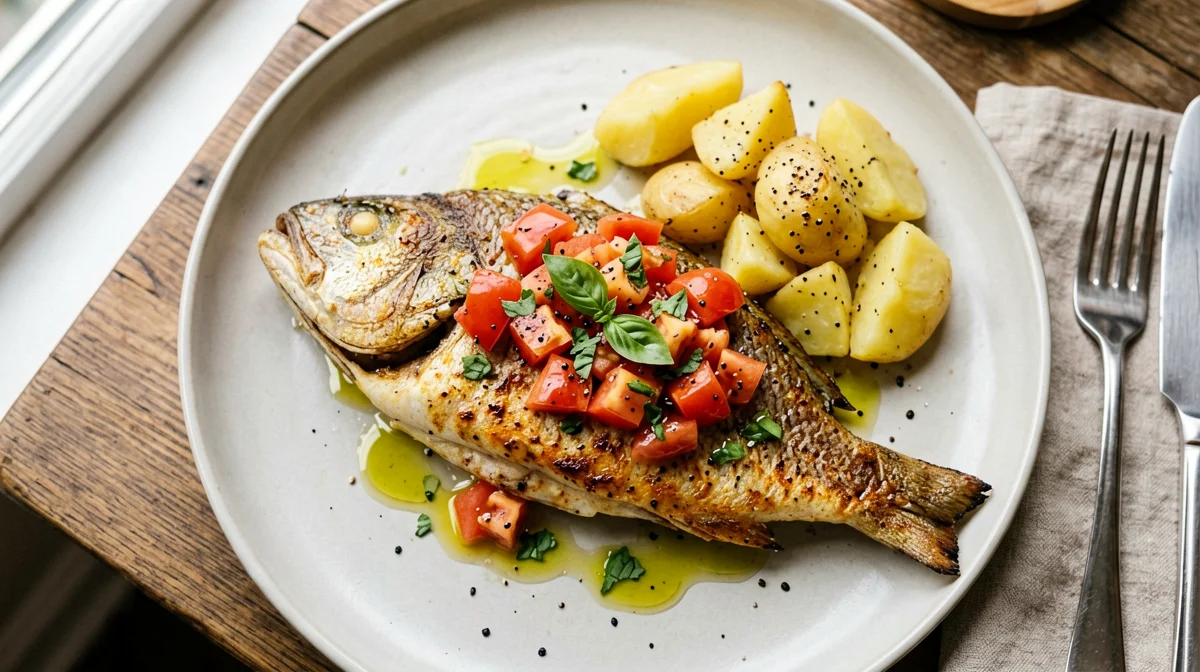 Amberjack steaks with fresh tomato and basil and potatoes