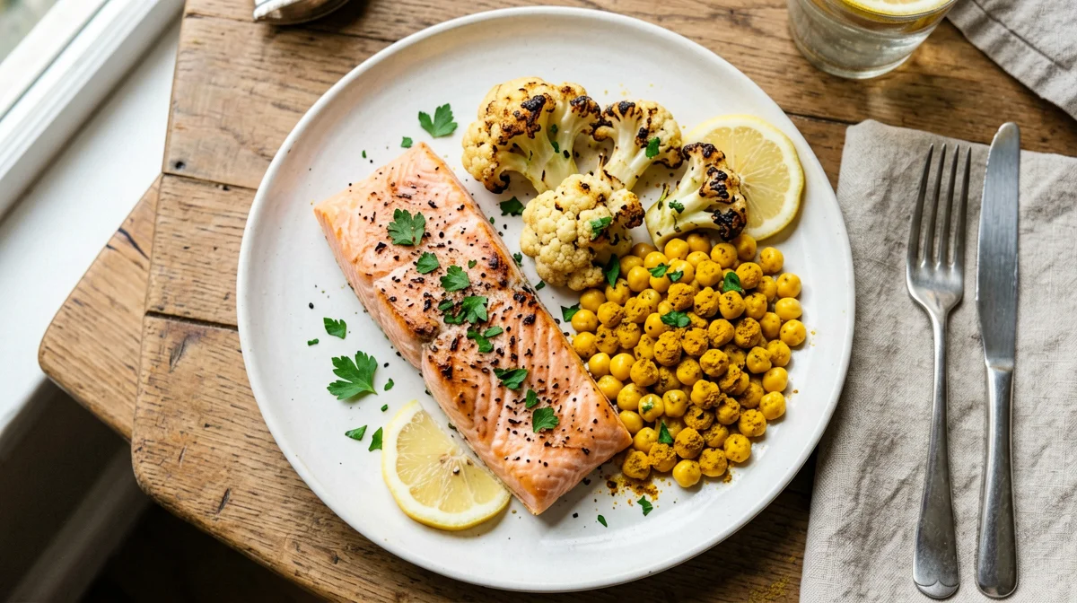 Salmon with turmeric-roast cauliflower and chickpeas