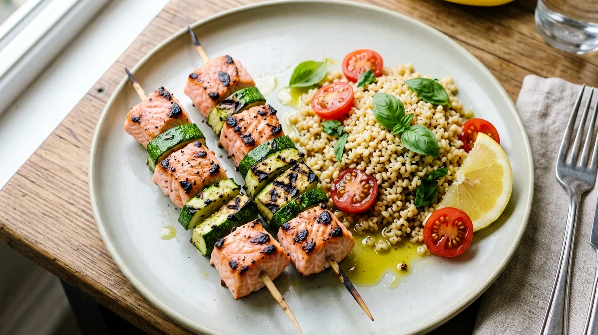 Spiedini di salmone e zucchine con insalata di farro