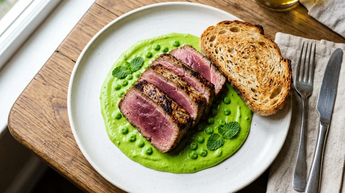 Seared tuna on pea and mint cream with bread