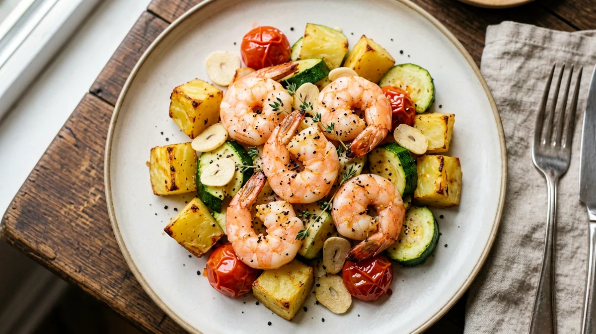 Roast prawns with potatoes, zucchini and cherry tomatoes