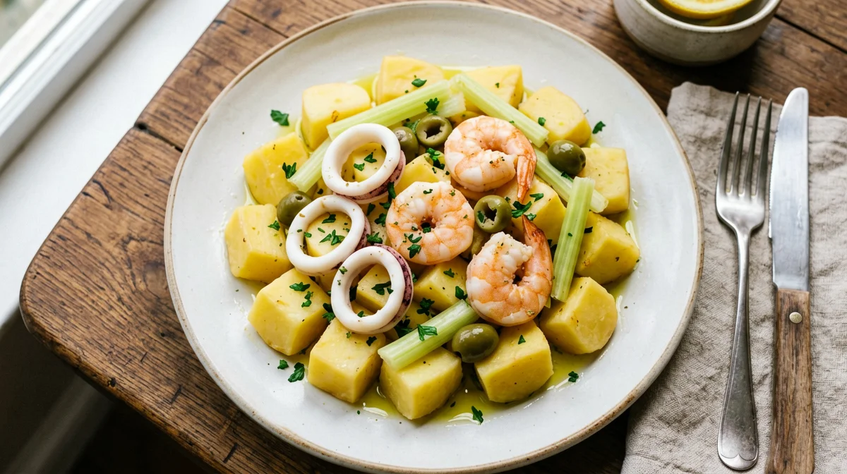 Insalata di mare tiepida con calamari, gamberi e patate
