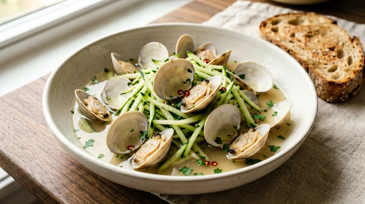 Vongole in padella con zucchine e crostoni integrali