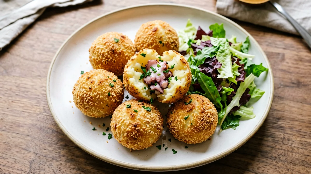 Octopus and potato balls with salad