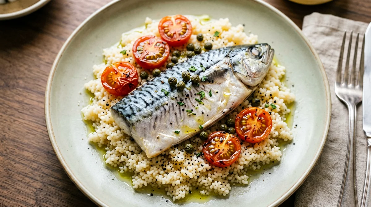 Mackerel en papillote with cherry tomatoes, capers and couscous