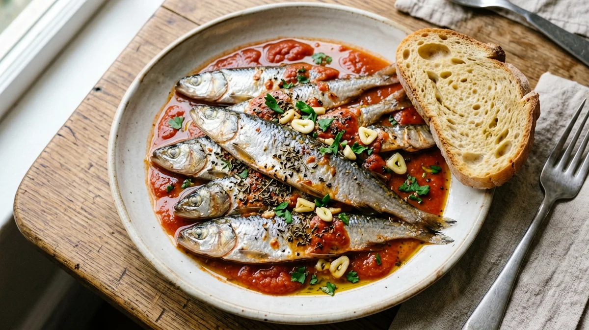 Sardines braised in tomato with bread