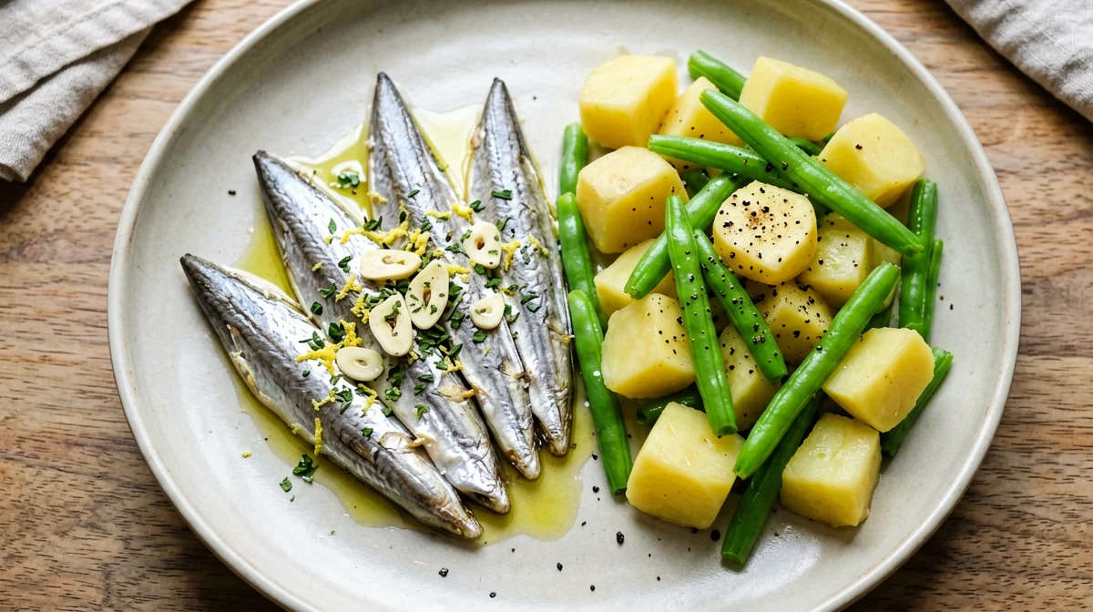 Alici al forno all'origano con insalata di patate e fagiolini