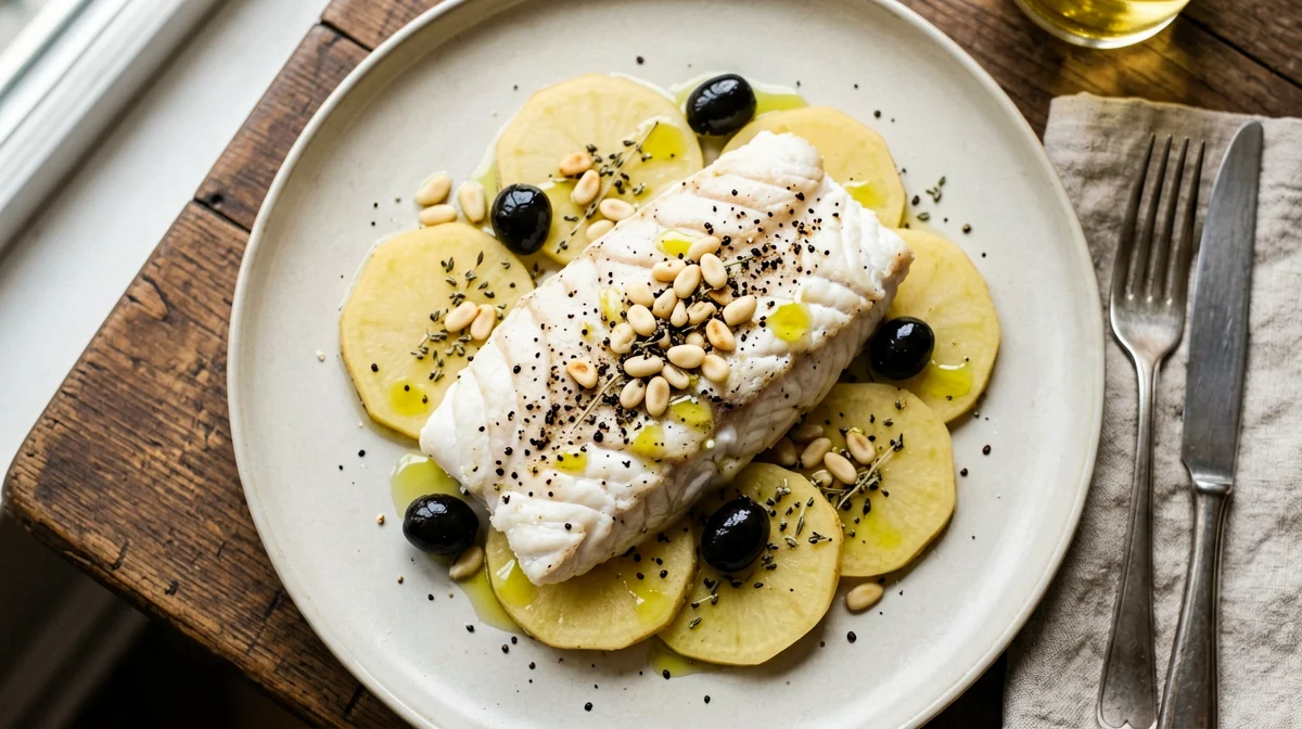 Ligurian-style cod with potatoes, pine nuts and olives