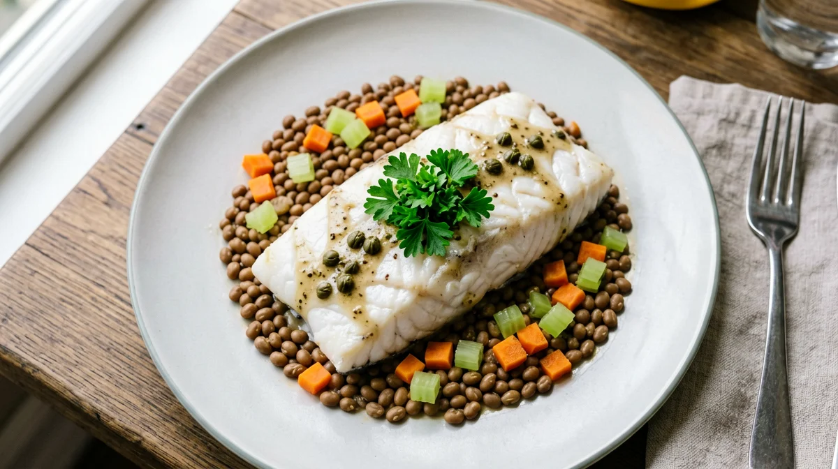 Cod with lentils, carrots and salsa verde