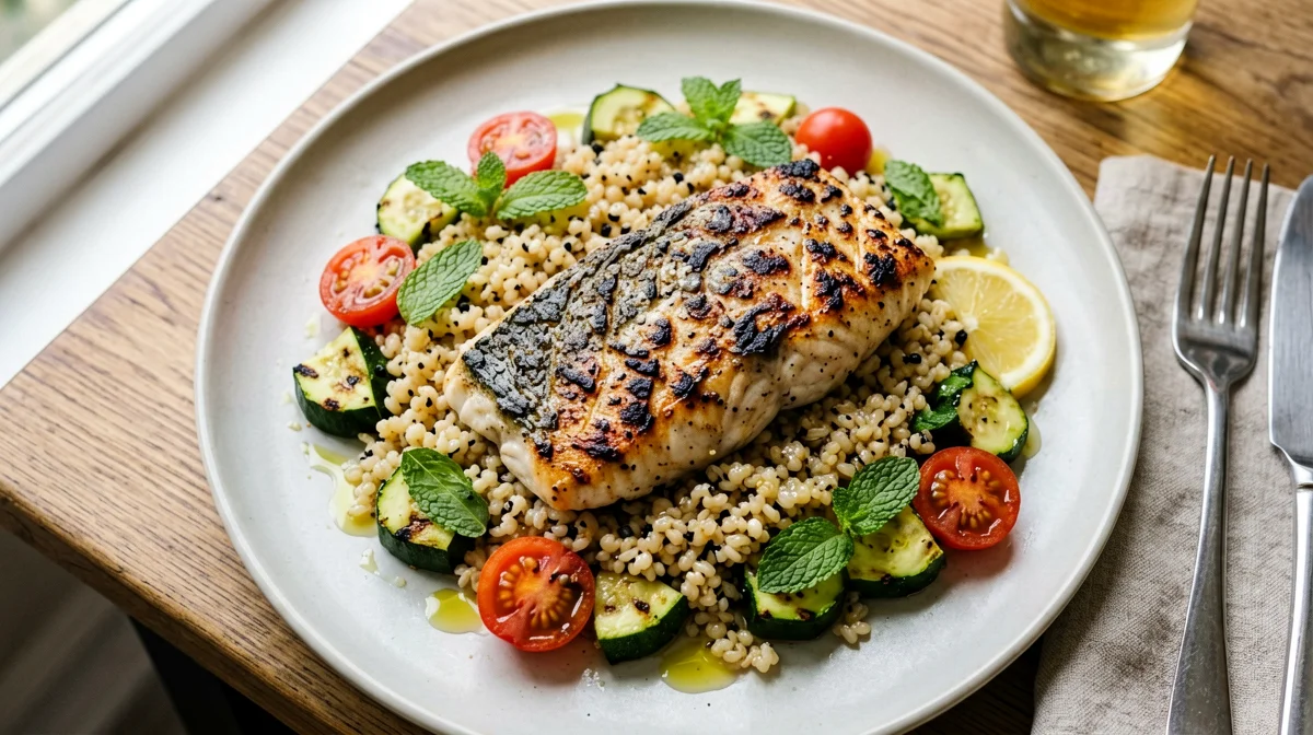 Grilled sea bass with farro, zucchini and tomato salad