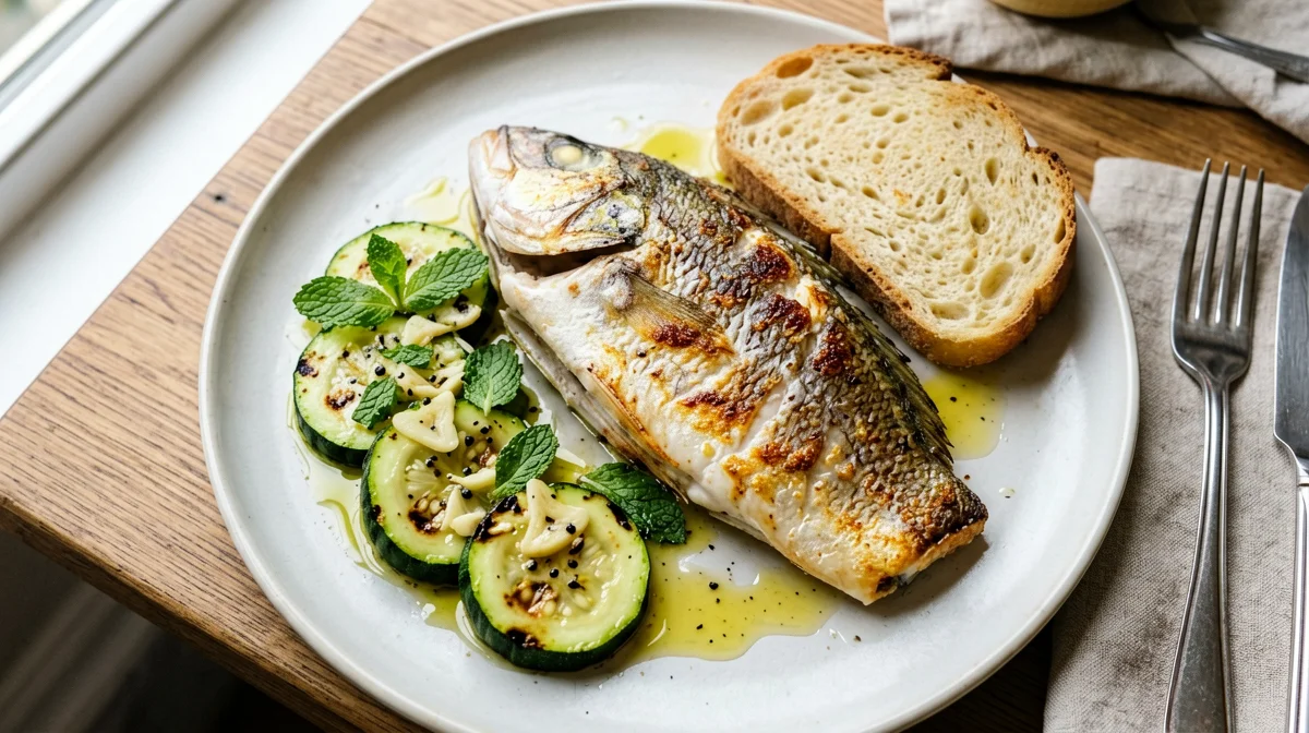 Sea bream fillets with zucchini scapece and bread