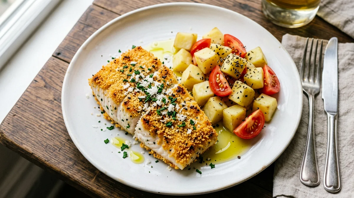 Baked swordfish cutlet with tomato and potato salad