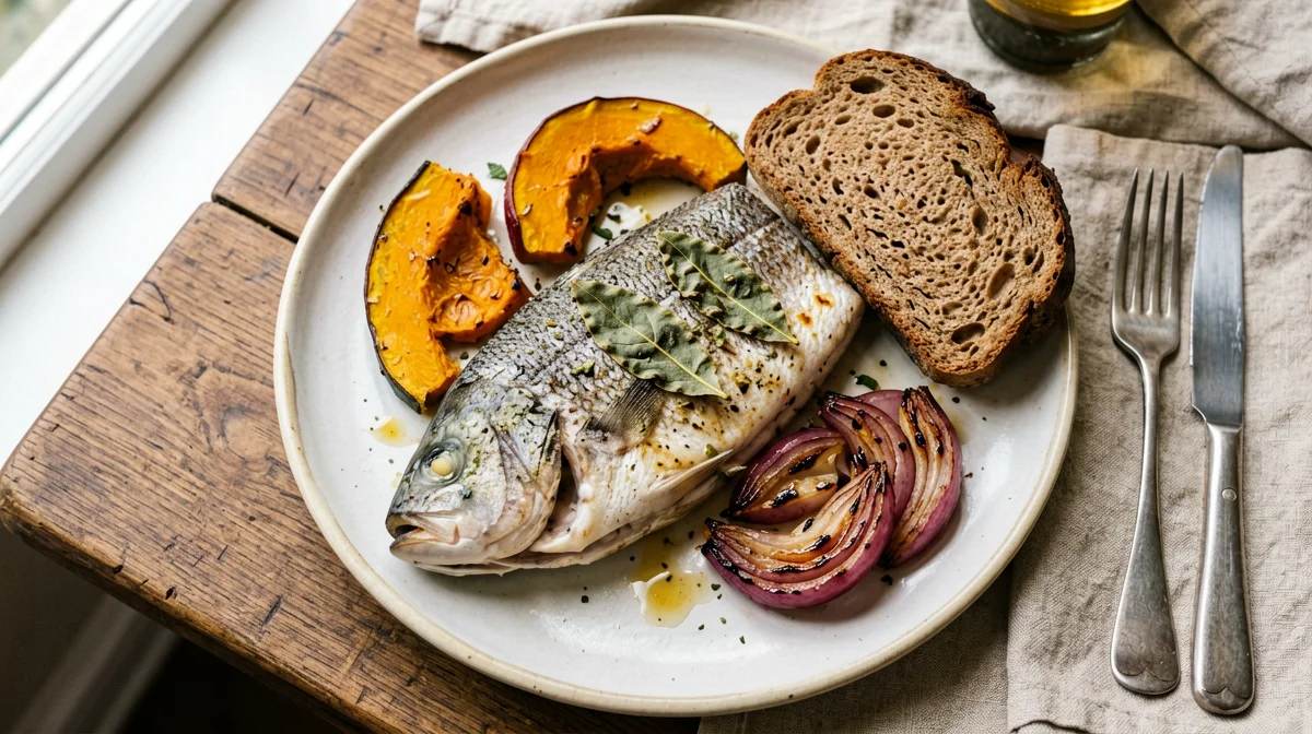 Trota alla salvia con zucca e cipolle arrosto e pane di segale
