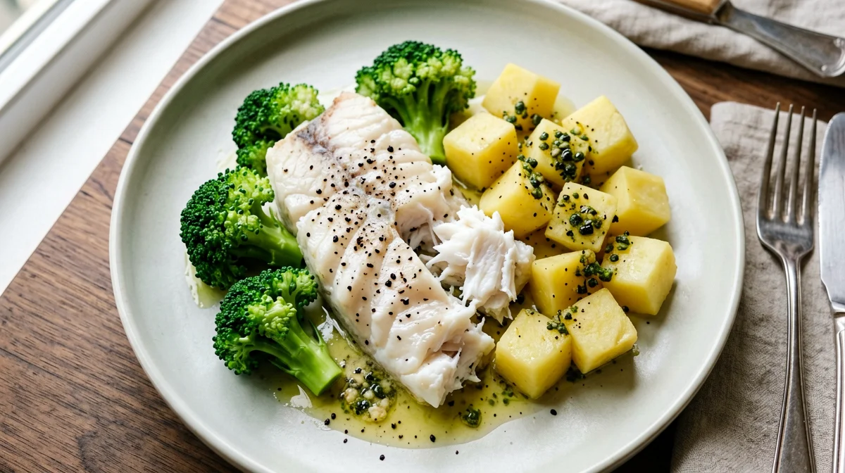 Hake with broccoli, anchovies and potatoes