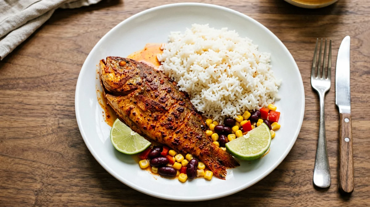 Spiced tilapia with red beans, corn and rice