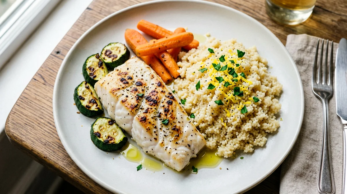 Baked pangasius with vegetables and lemon couscous