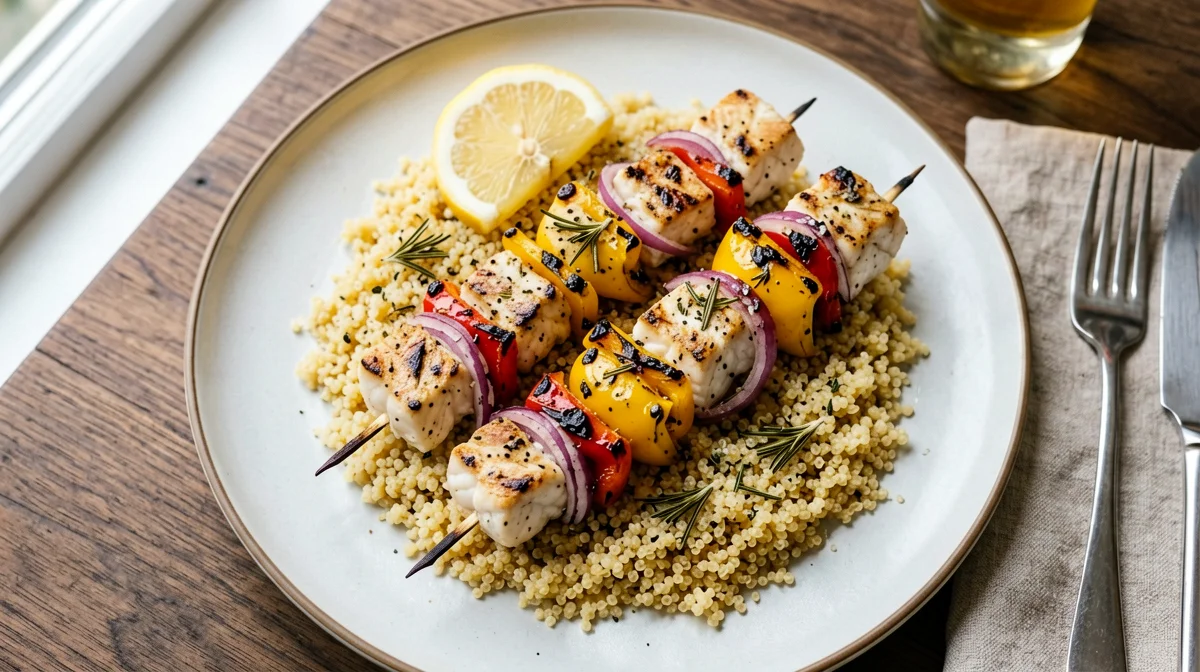 Spiedini di coda di rospo e peperoni con quinoa