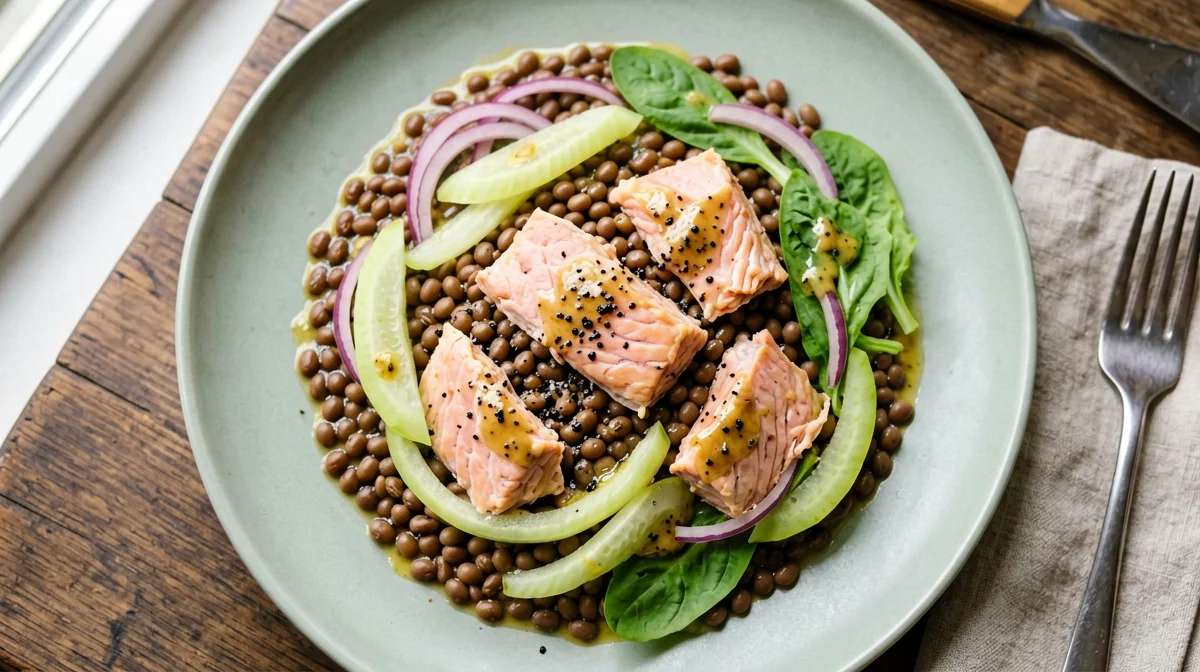 Lentil, canned salmon and celery salad