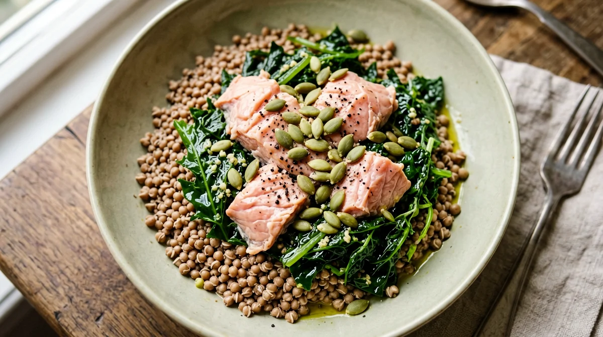 Grano saraceno con salmone e cavolo nero