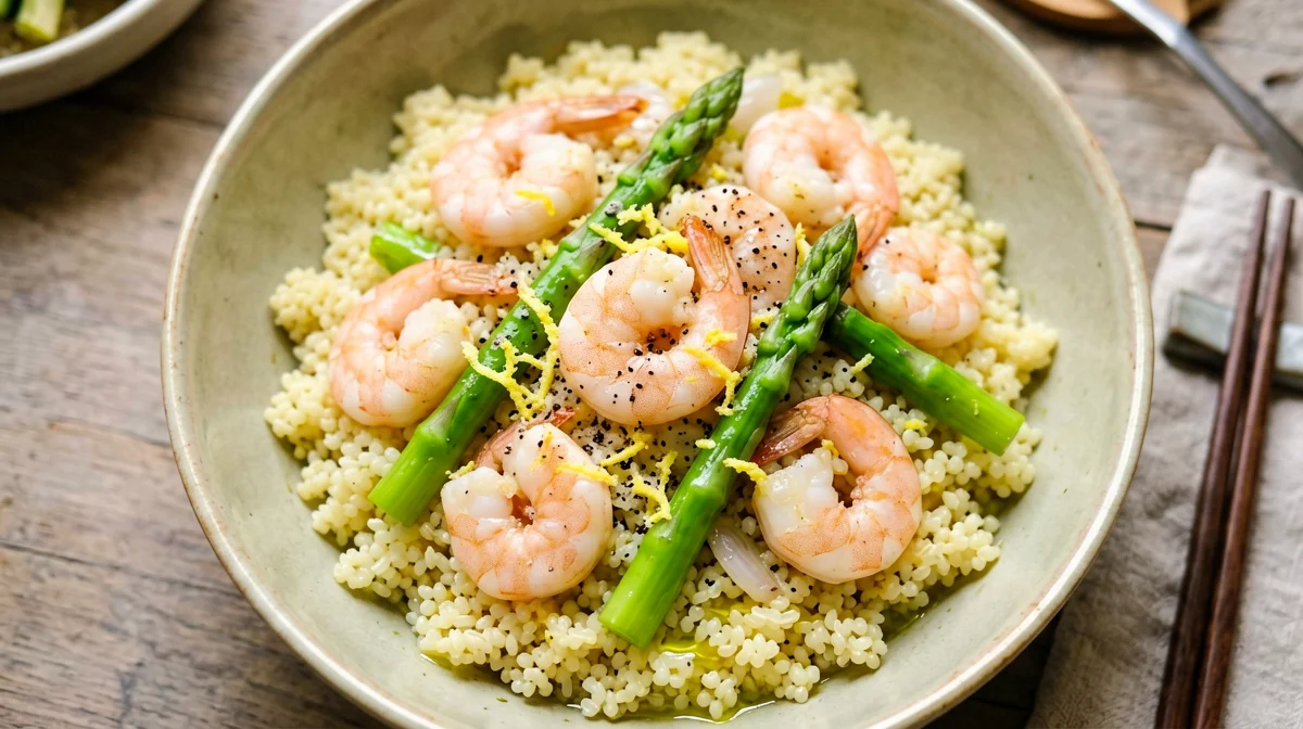 Millet with prawns and lemony asparagus