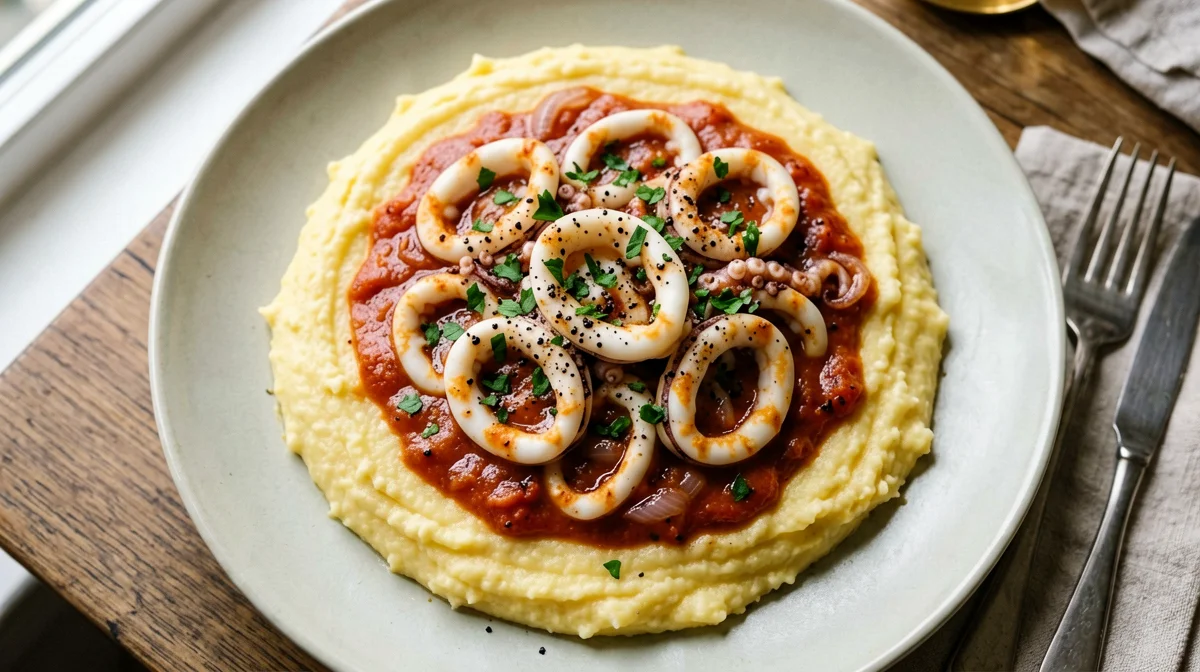 Polenta with squid braised in tomato